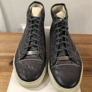 Gucci Gray Leather Ostrich High-Top Sneakers